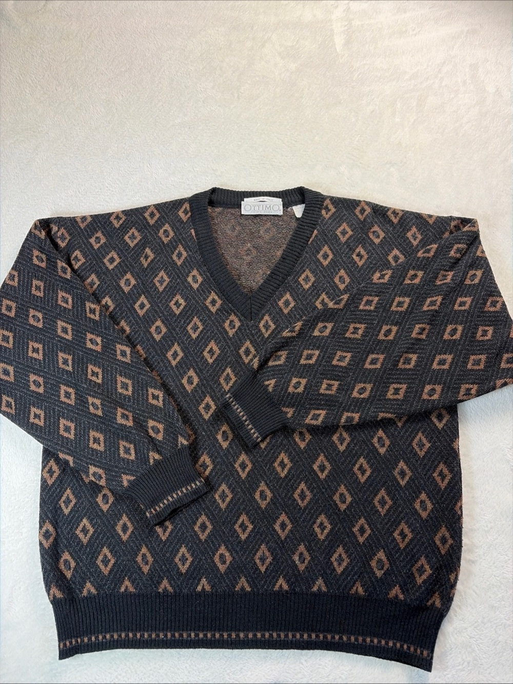 Ottimo Men’s L V-Neck Sweater Italian Wool Blend Geometric Pattern Grandpa Core